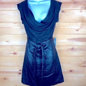 Vertigo black dress, draped neckline, faux leather on bottom, size small **NEW**